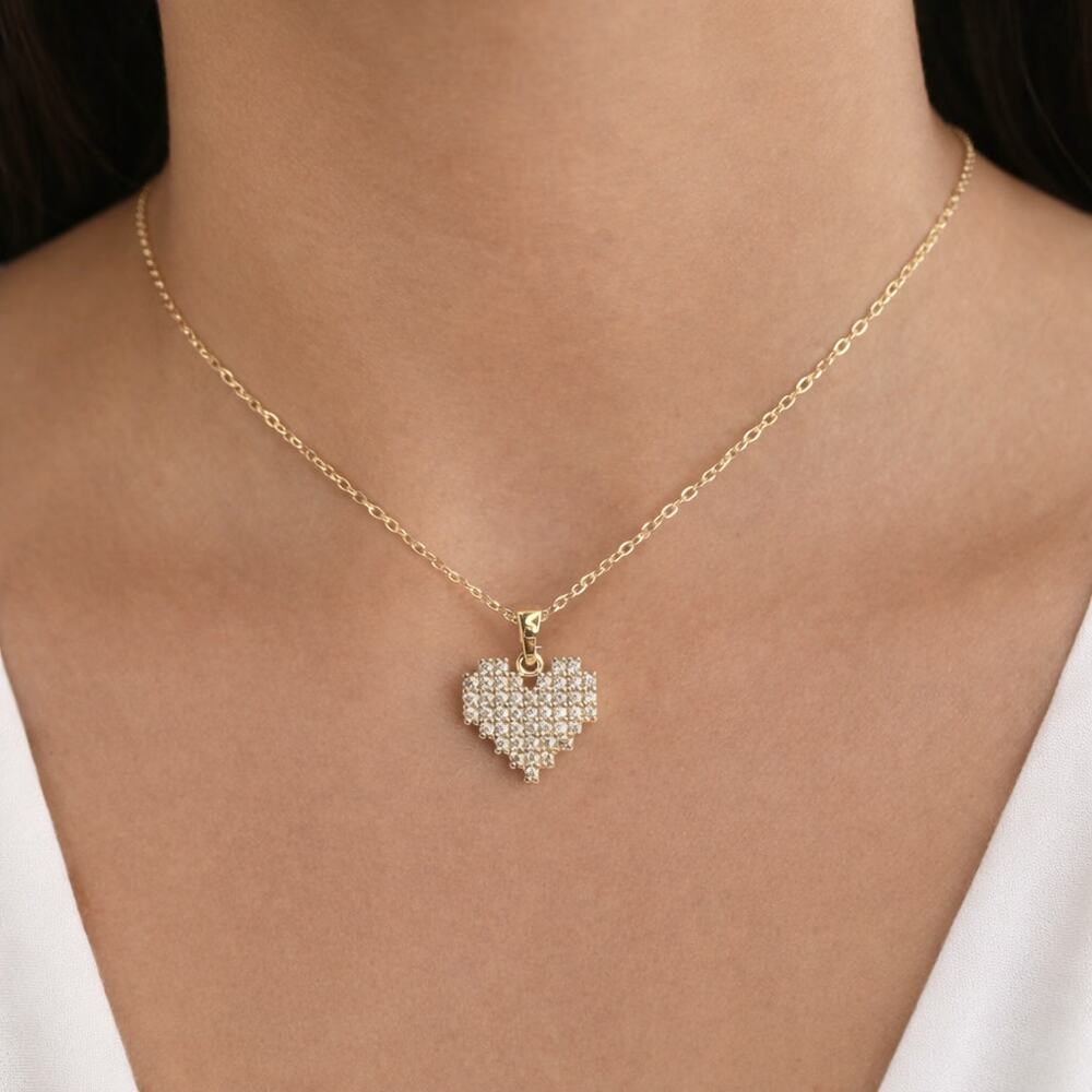 18K Gold Plated Pixel Heart Necklace CZ Stones Adjustable Gift for Her